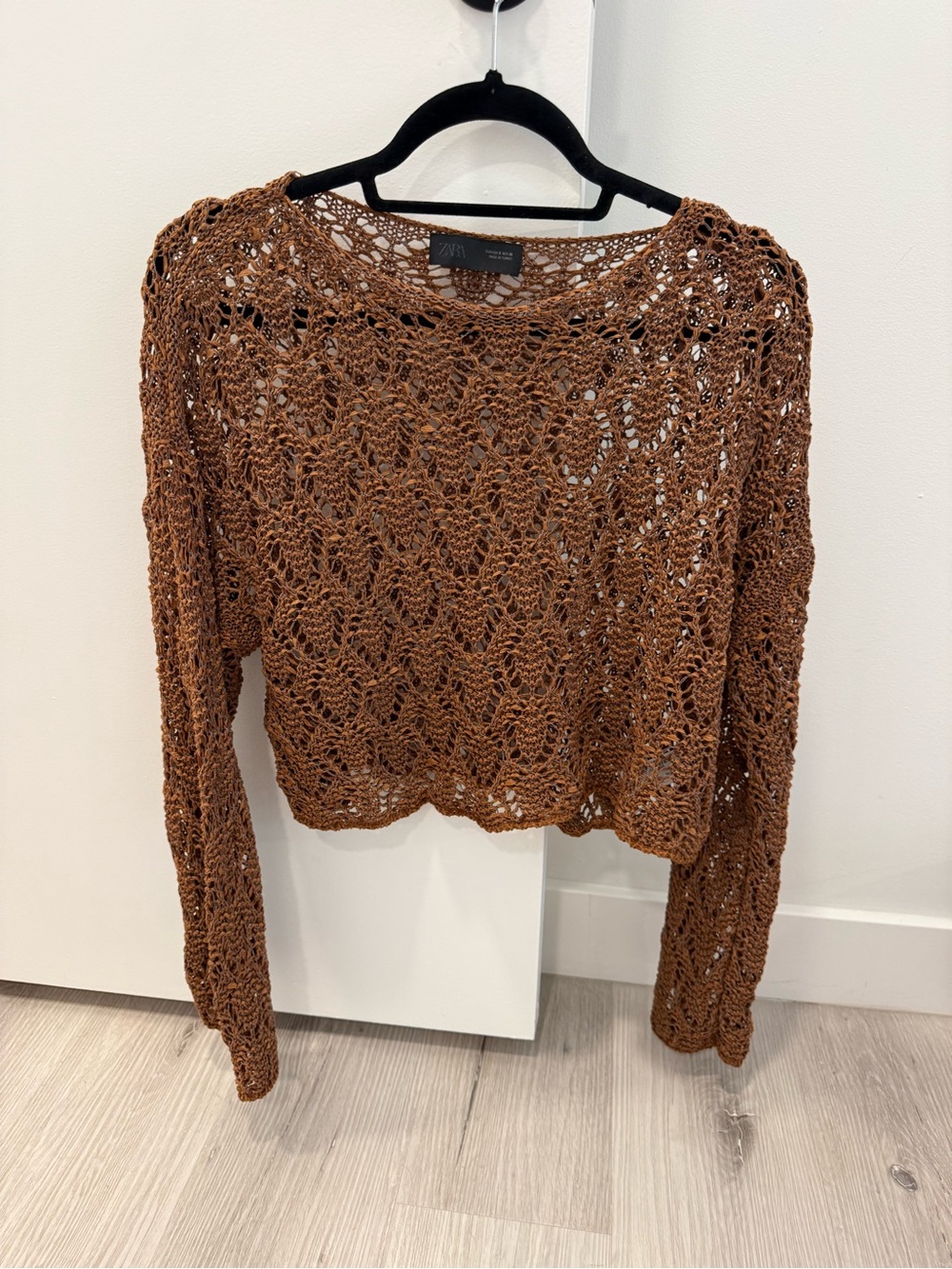 Zara Rust Brown Crochet Open-Weave Long Sleeve Top